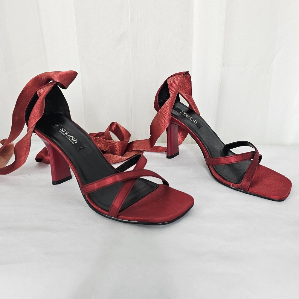 Splash Red Satin Strappy Heels With Leg Lace Tie Size 6